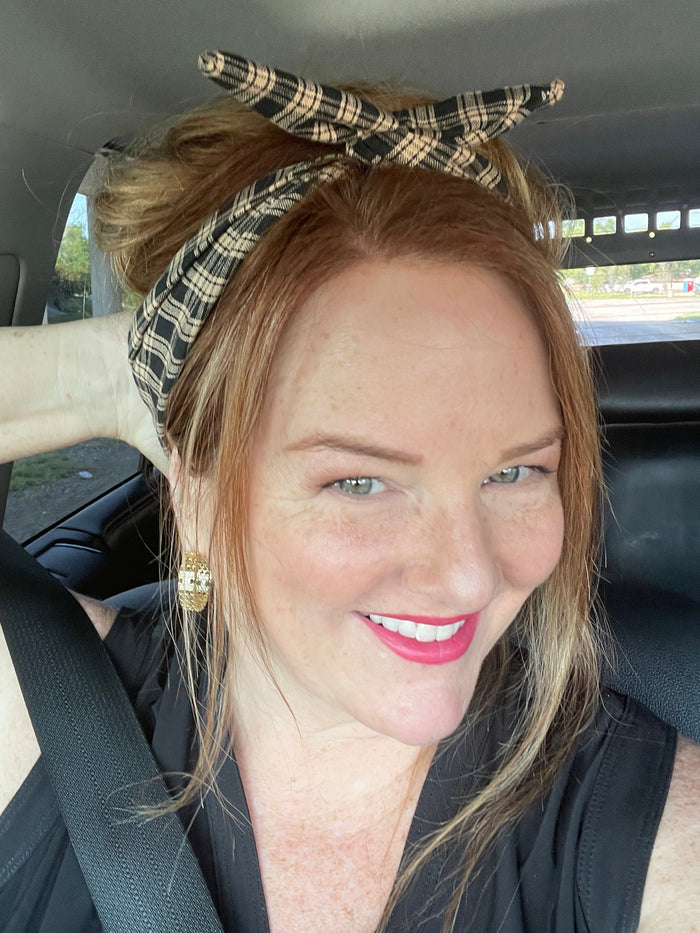Amanda Bright Designs tie headband Black and Tan plaid british designer style cotton moldable headband