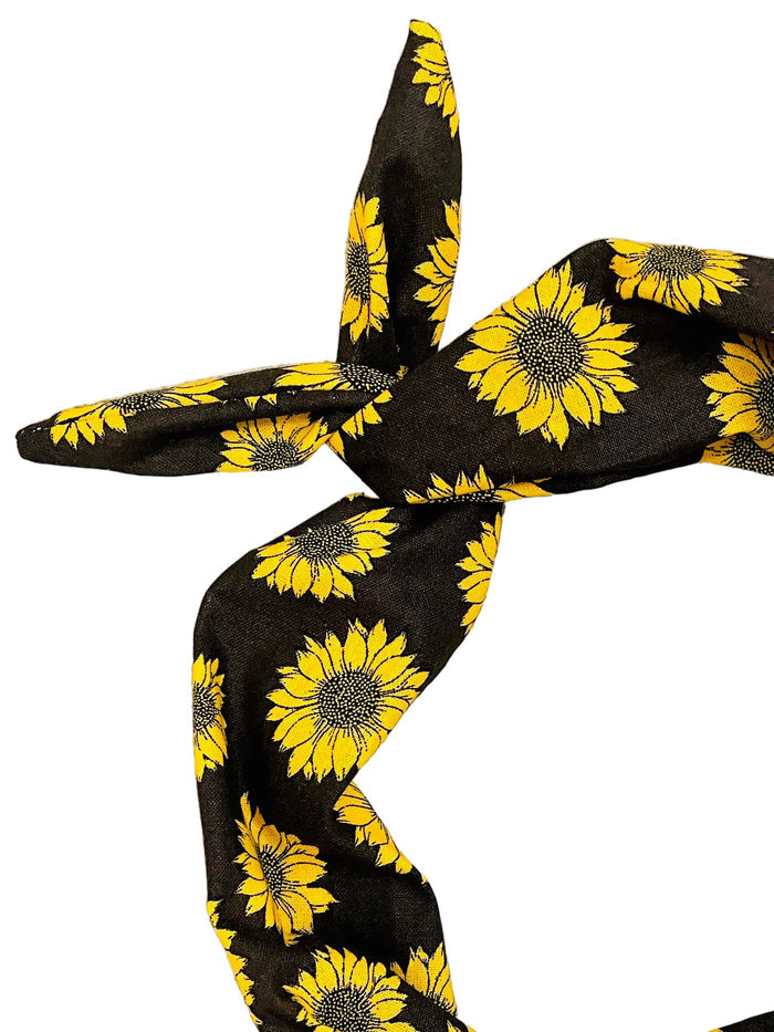 Amanda Bright designs black tie headband with golden yellow sunflowers