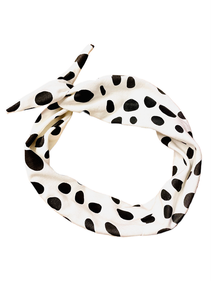 Amanda Bright Designs The Original Tie Headband Denim Dalmatian POlkadot Spots animal print black and white spots