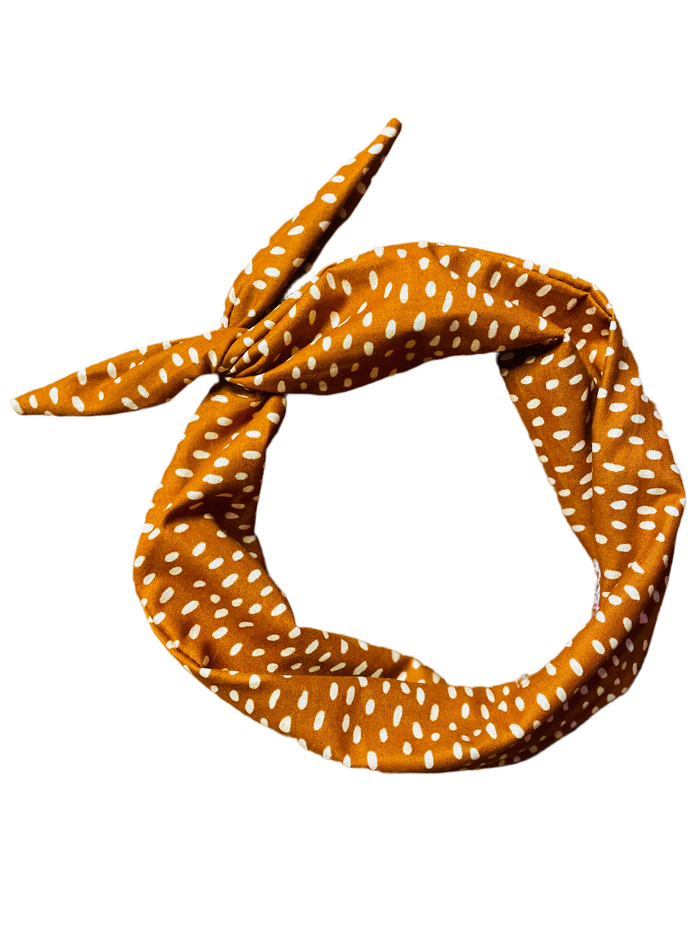 Amanda Bright Designs The Original Tie Headband Fawn Pattern brown with white polkadot