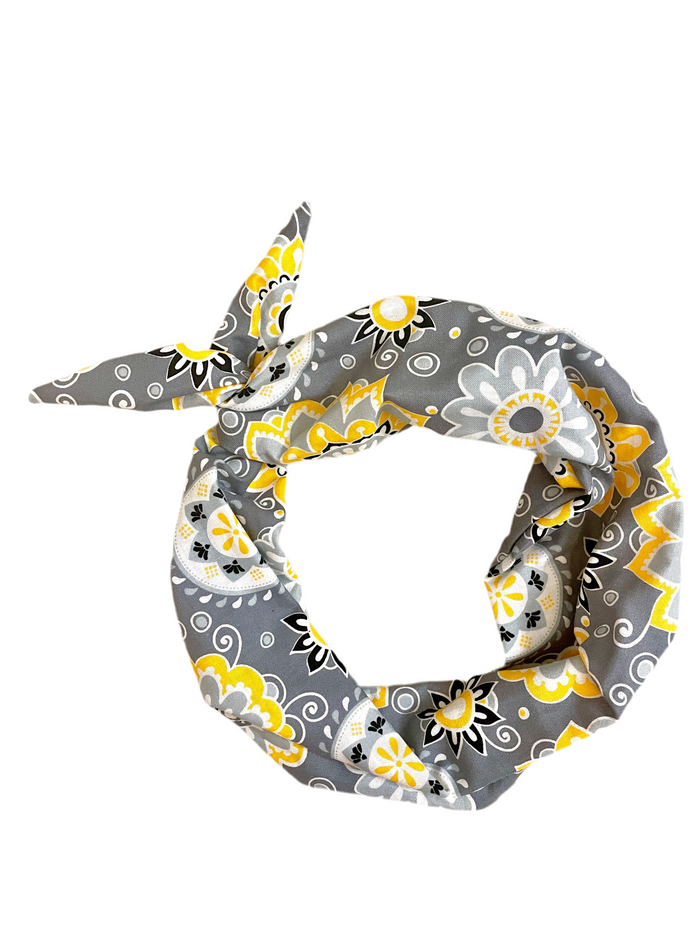 Amanda Bright designs gray yellow and black floral headband batik pattern