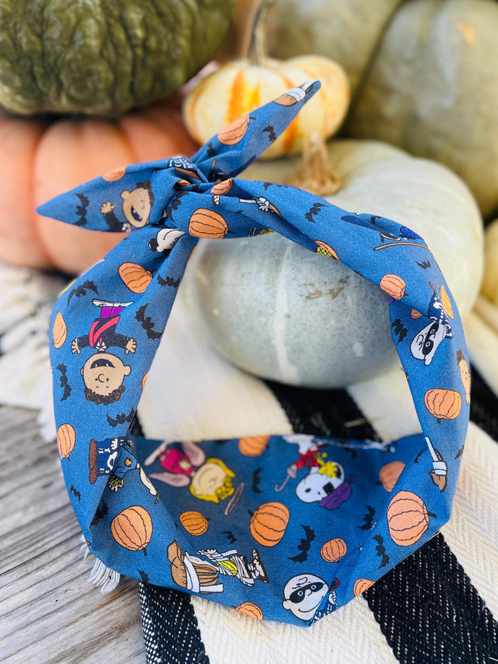 Amanda Bright Designs denim blue cotton moldable headband with characters pumpkins vampires ghosts and bats for halloween