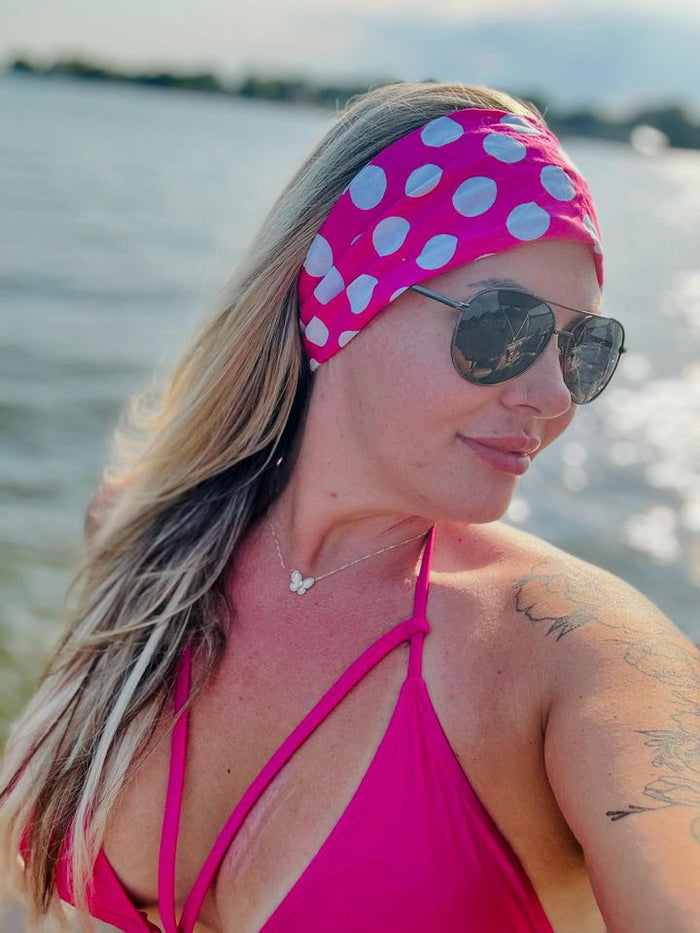 Amanda Bright Designs lake time The Original Tie Headband Hot Pink Polkadot on model