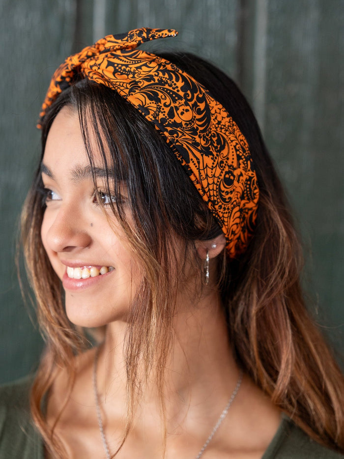 Amanda Bright Designs Jack O Lanterns and Spiders Halloween headband in orange and gray