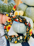 Amanda Bright Designs dark green headband with mushrooms flowers leaves and fall foliage