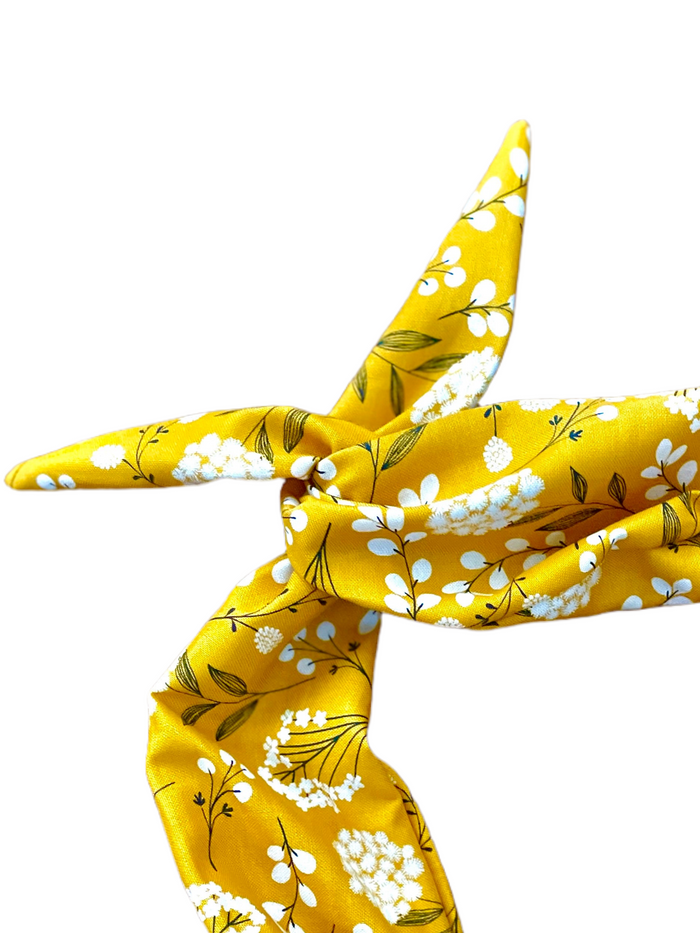 Amanda Bright Designs mustard yellow white baby's breath floral and black headband