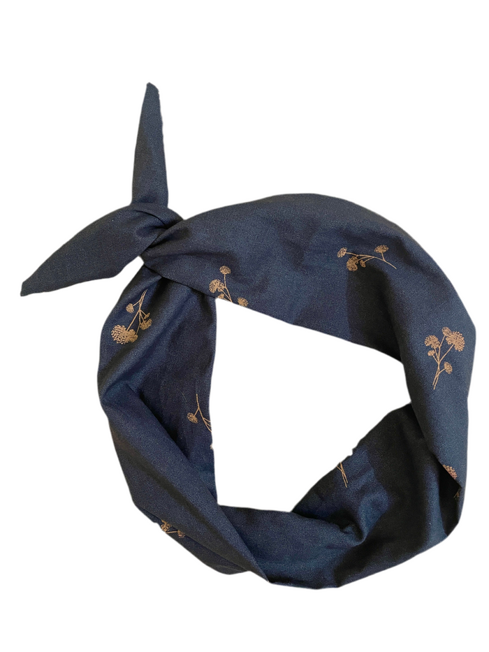 Amanda Bright Designs Navy blue headband with floral patterns on a white background