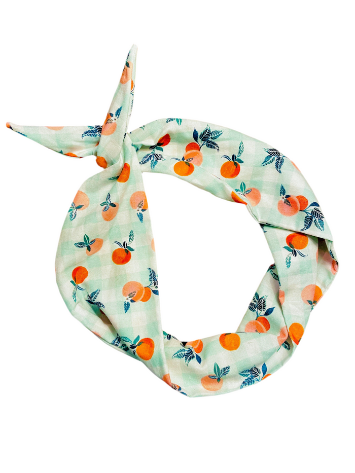 Amanda Bright Designs Peachy Headband with peaches green leaves green and white buffalo plaid print fabric