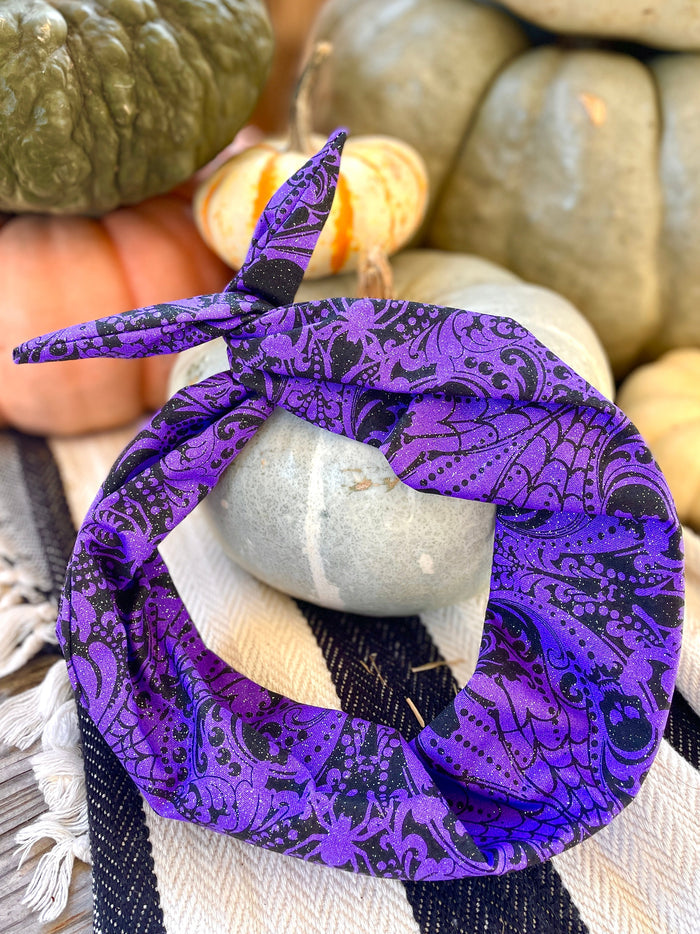 Amanda Bright Designs purple and black victorian style headband with spiders pumpkins glitter