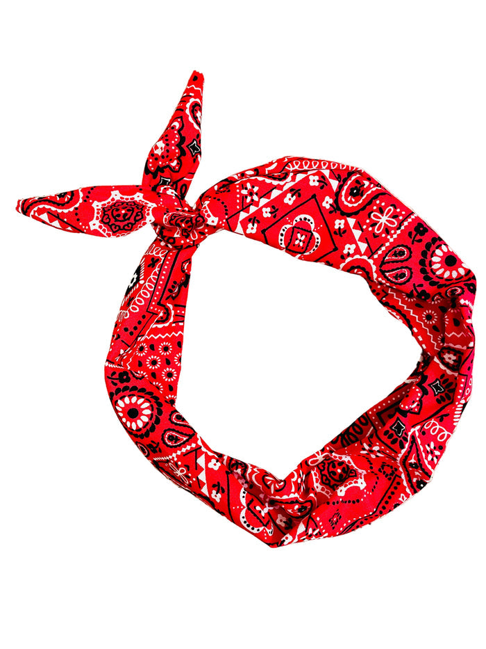 Amanda Bright Designs red bandana tie headband with a black and white paisley pattern