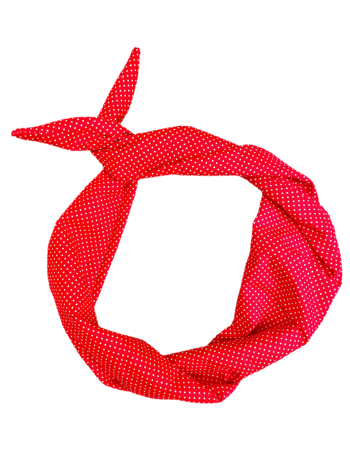 Amanda Bright Designs red cotton headband with white swissdot repeating pattern