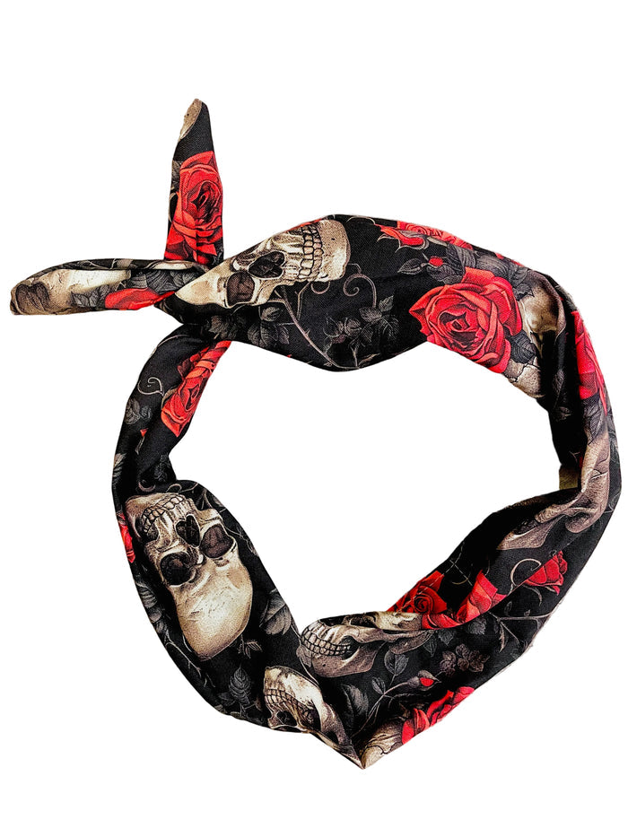 Amanda Bright Designs skull and red roses tie headband gothic skull and red rose pattern, tied in a knot