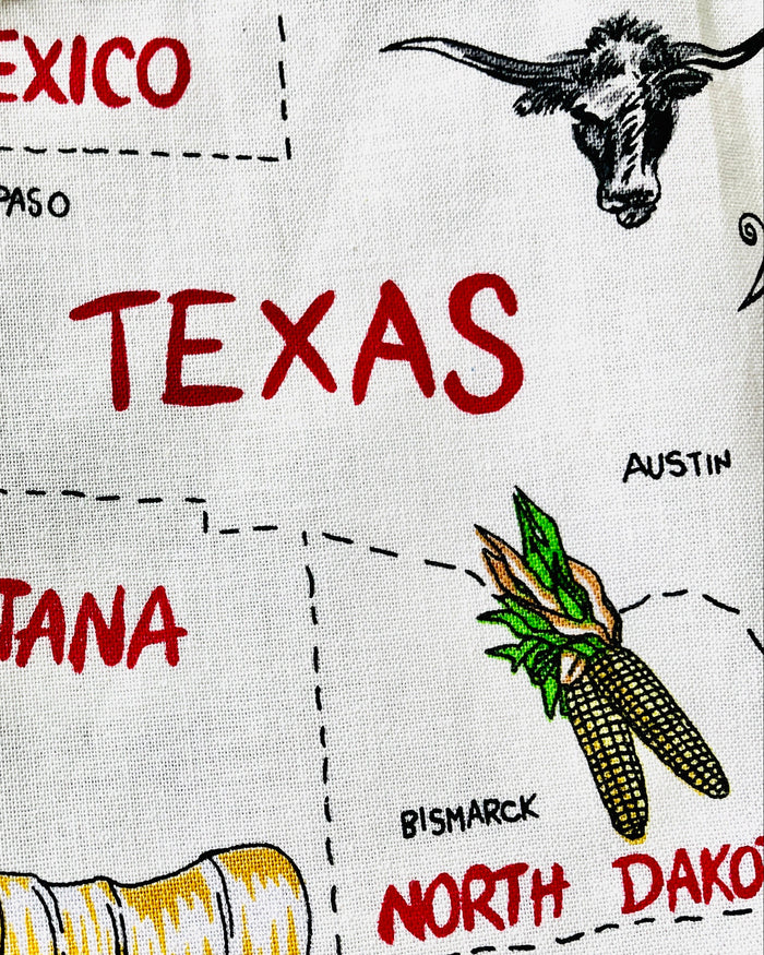 Sadie kitchen apron 50 states and their capitals historic industries road trip American heartland travel Conestoga wagon oil well longhorn airplane canoe cheese log cabin fabric pattern