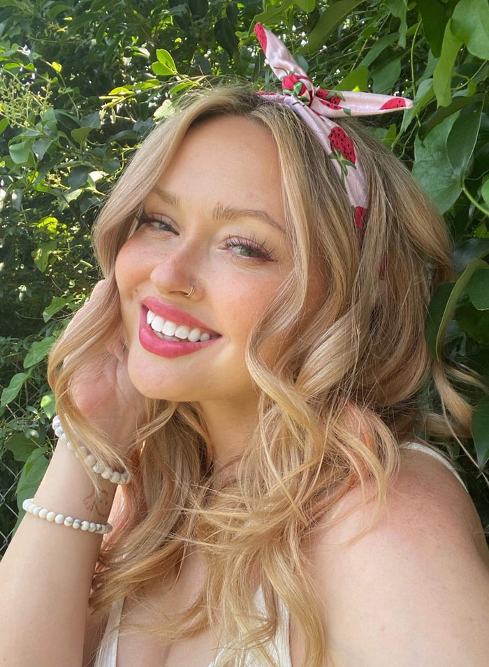 Amanda Bright Designs The Original Tie Headband Strawberry Sundae headband to wear berry picking rollerskating eating ice cream summer fun
