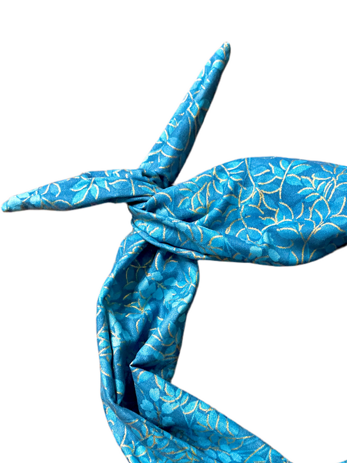 Amanda Bright Designs teal floral cotton headband with gold leaves