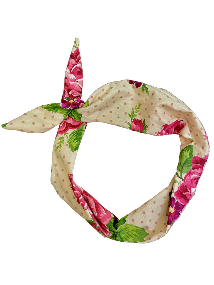 Amanda Bright Designs Floral headband with pink flowers and green leaves victorian