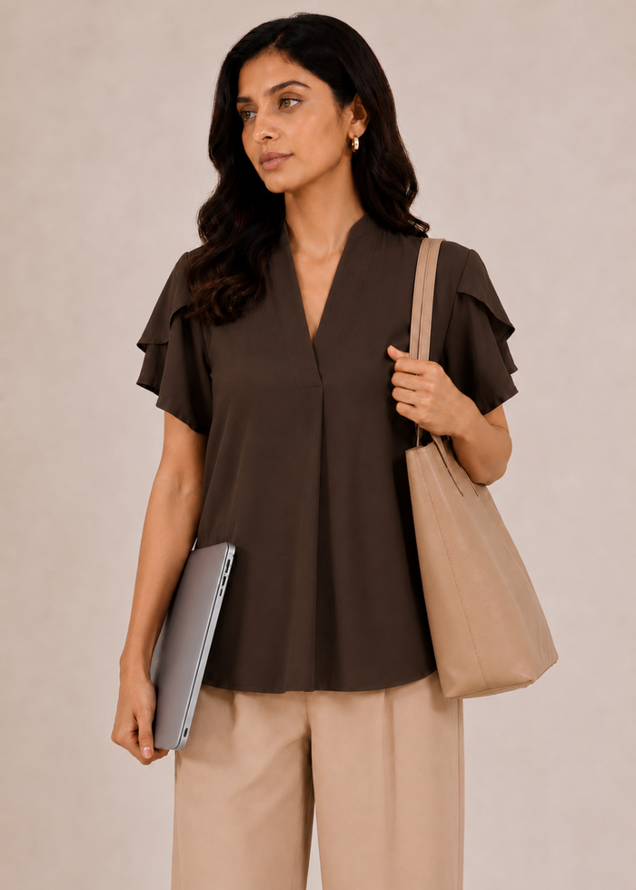 Flurr chocolate brown tulip sleeves top, front view