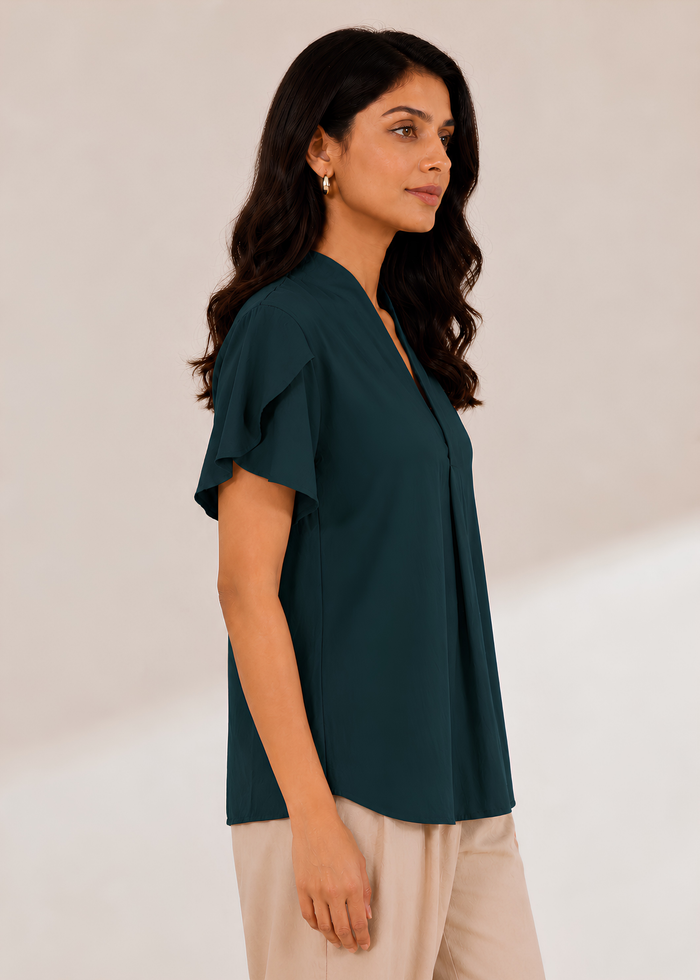 Flurr Tulip Sleeves Top right side view highlighting the structured silhouette and sleeve detailing