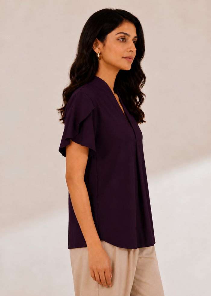 Flurr dark purple tulip sleeves top, right side view