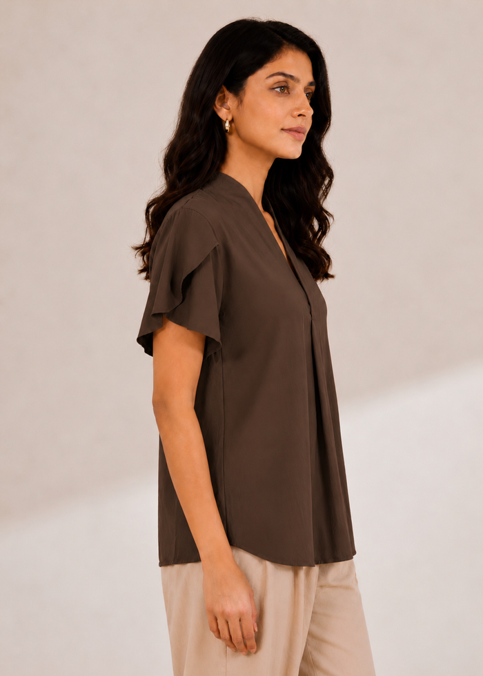 Flurr chocolate brown tulip sleeves top, right side view