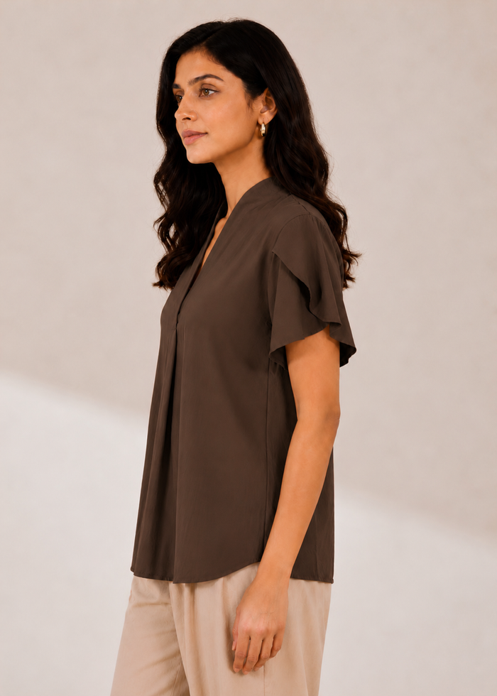 Flurr chocolate brown tulip sleeves top, left side view