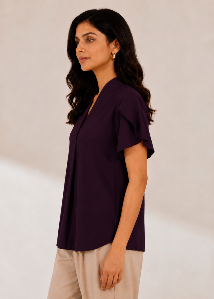 Flurr dark purple tulip sleeves top, left side view