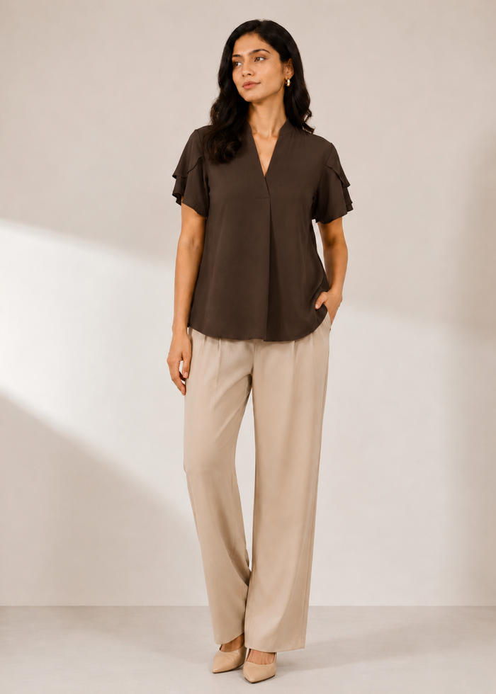 Flurr chocolate brown tulip sleeves top, full length