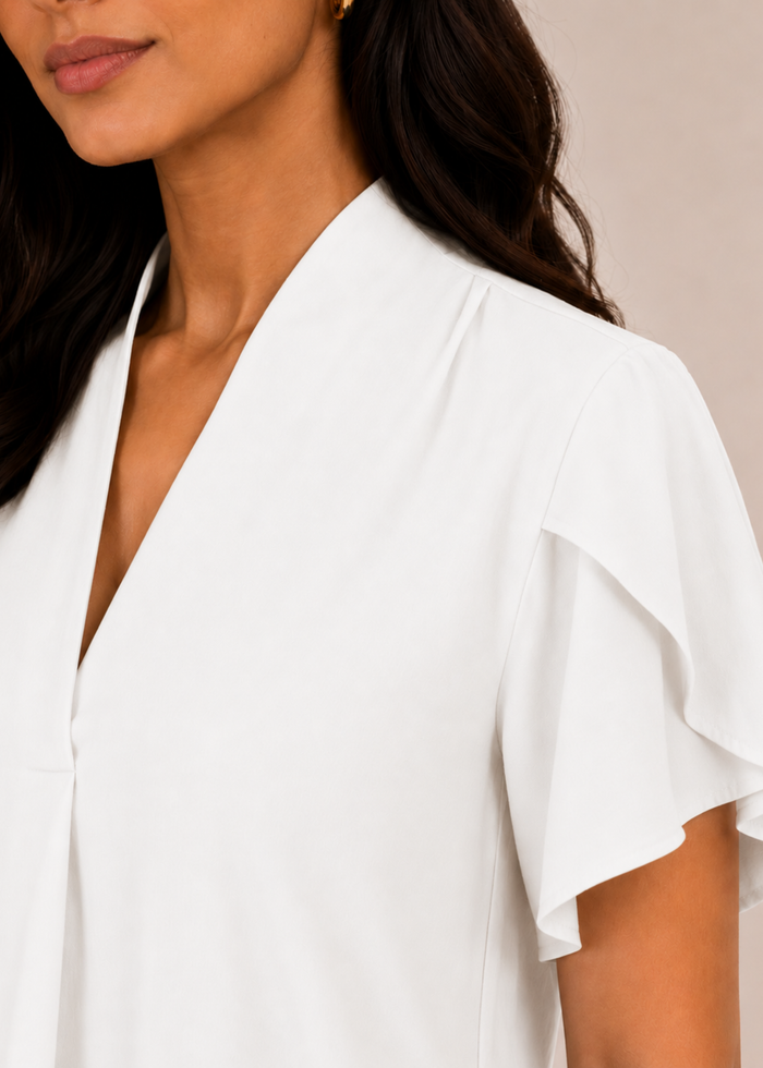 Flurr white tulip sleeves top shoulder detail close-up