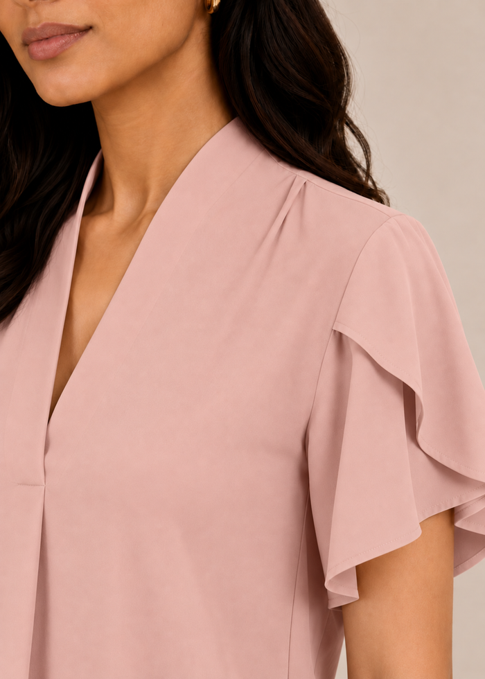 Flurr soft pink tulip sleeves top, shoulder detail close-up