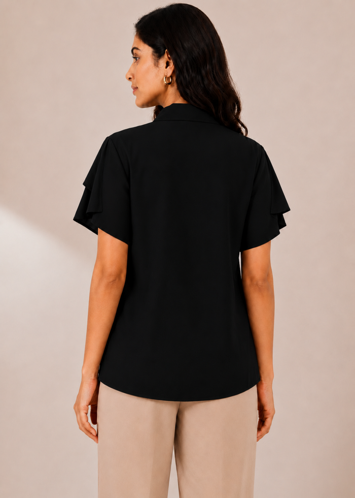 Flurr black tulip sleeves top, back view