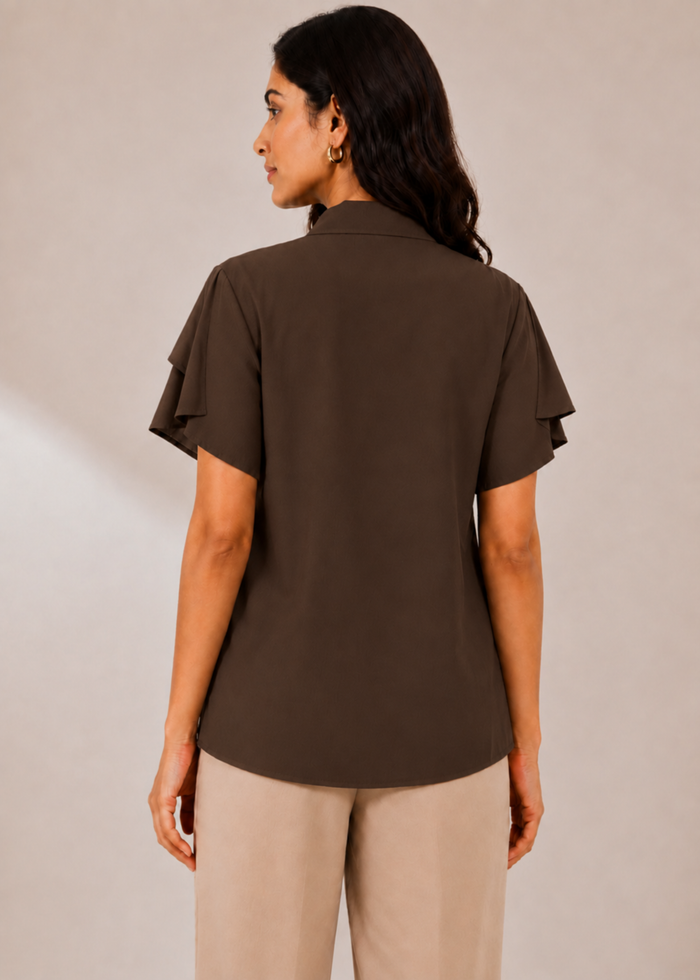 Flurr chocolate brown tulip sleeves top, back view
