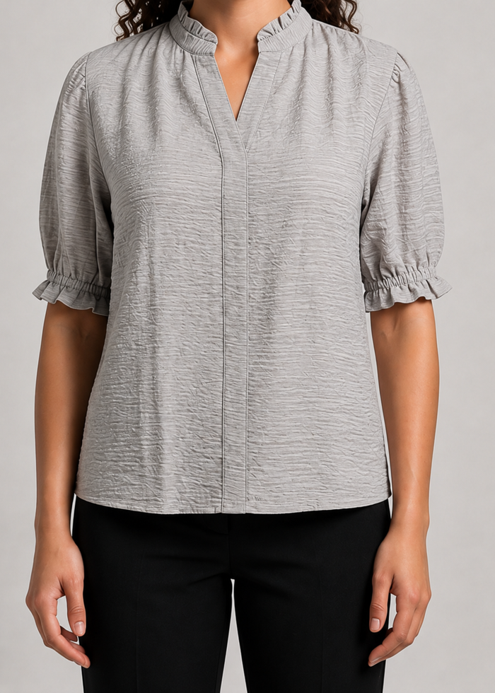 Close-up of Flurr women’s textured ruffle-collar officewear top showcasing the elegant neckline detail
