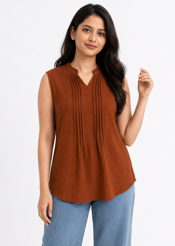Flurr Rust Women Mandarin Collar Top — Sleeveless Pintuck Workwear Top