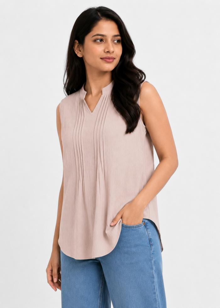 Flurr Beige Women Mandarin Collar Top — Sleeveless Pintuck Workwear Top
