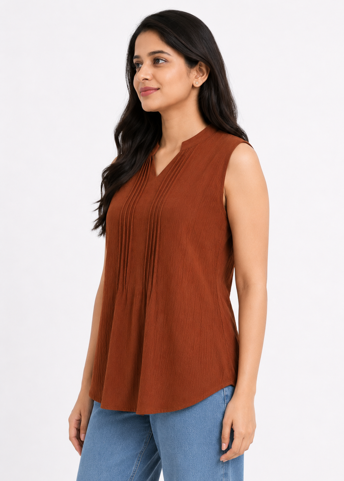 Flurr Rust Women Mandarin Collar Top — Sleeveless Pintuck Workwear Top