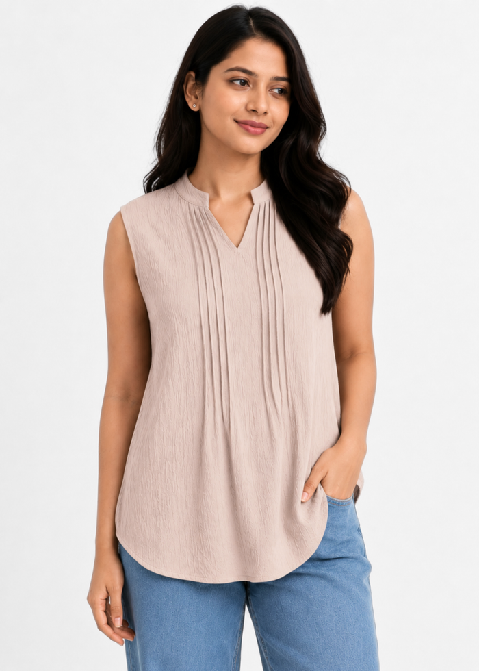 Flurr Beige Women Mandarin Collar Top — Sleeveless Pintuck Workwear Top