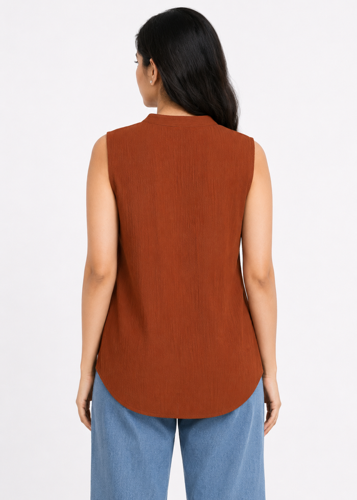 Flurr Rust Women Mandarin Collar Top — Sleeveless Pintuck Workwear Top