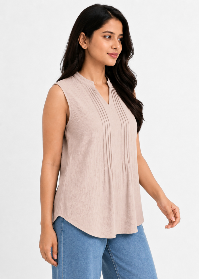 Flurr Beige Women Mandarin Collar Top — Sleeveless Pintuck Workwear Top