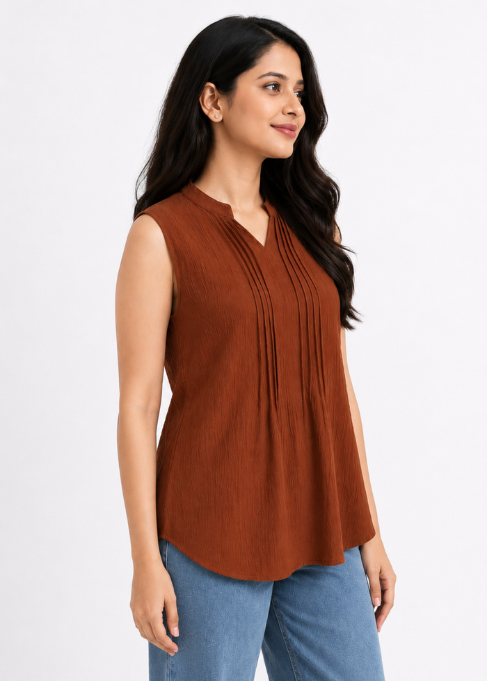 Flurr Rust Women Mandarin Collar Top — Sleeveless Pintuck Workwear Top