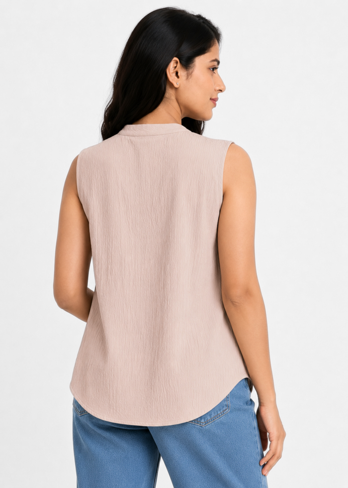 Flurr Beige Women Mandarin Collar Top — Sleeveless Pintuck Workwear Top