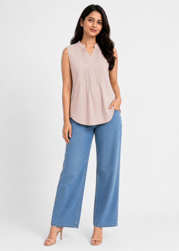 Flurr Beige Women Mandarin Collar Top — Sleeveless Pintuck Workwear Top