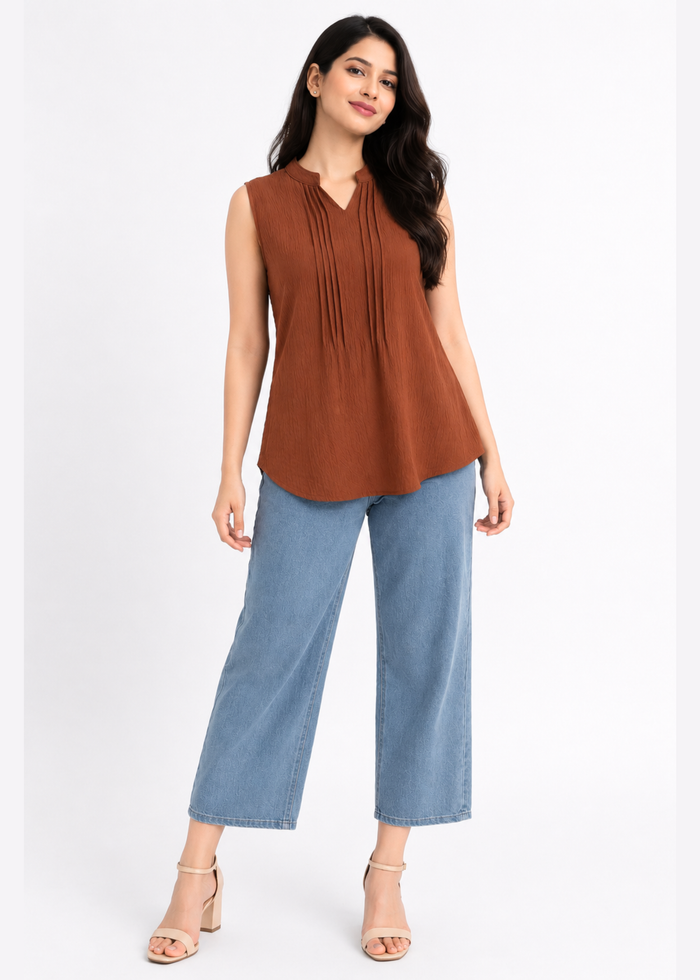 Flurr Rust Women Mandarin Collar Top — Sleeveless Pintuck Workwear Top