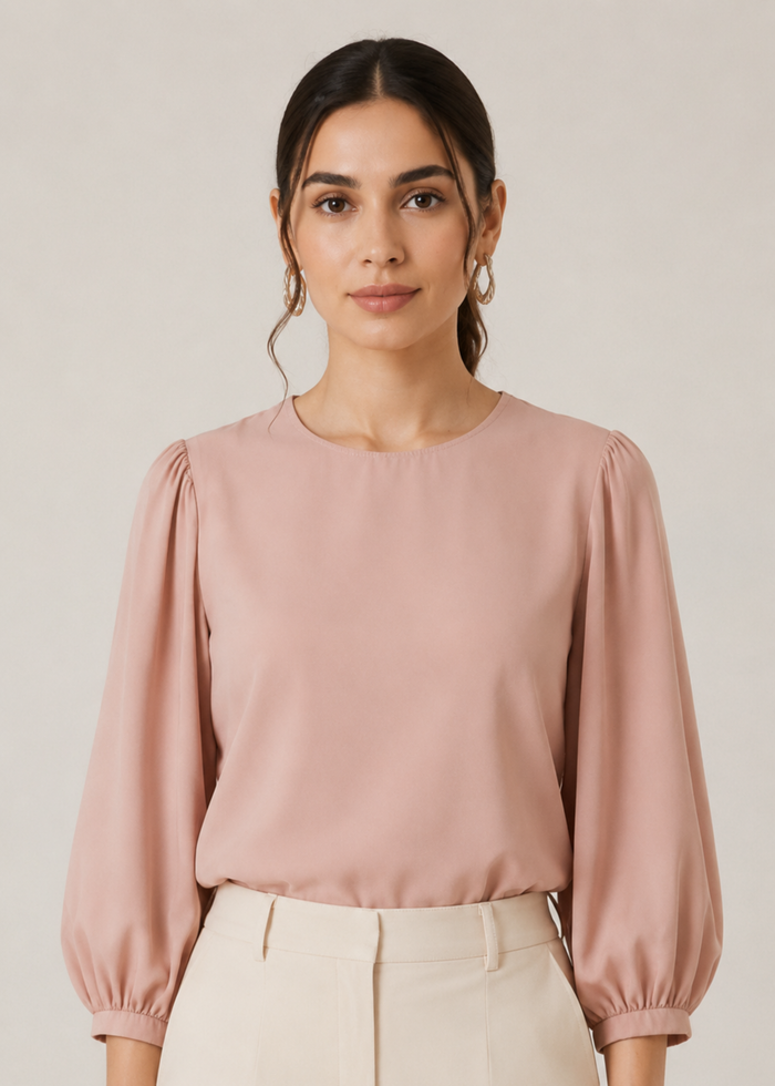 Flurr Office Crush Top in pink featuring a round neckline and voluminous three-quarter sleeves, front view