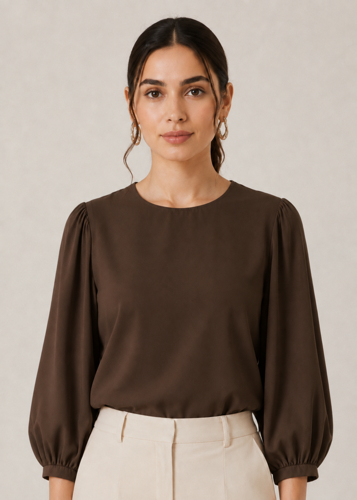 Flurr Office Crush Top in chocolate brown front view