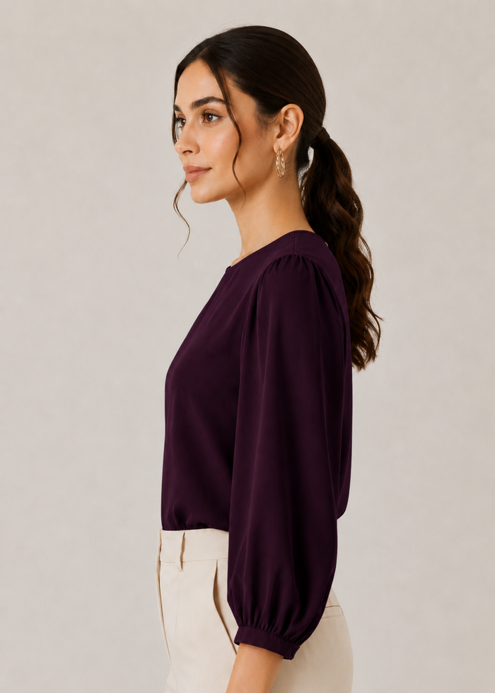 Flurr burgundy Office Crush top left side view for women’s officewear
