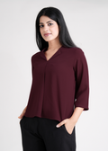 Women Textured Shirt Style Top Burgundy – front view, V-neck & 3/4 sleeves