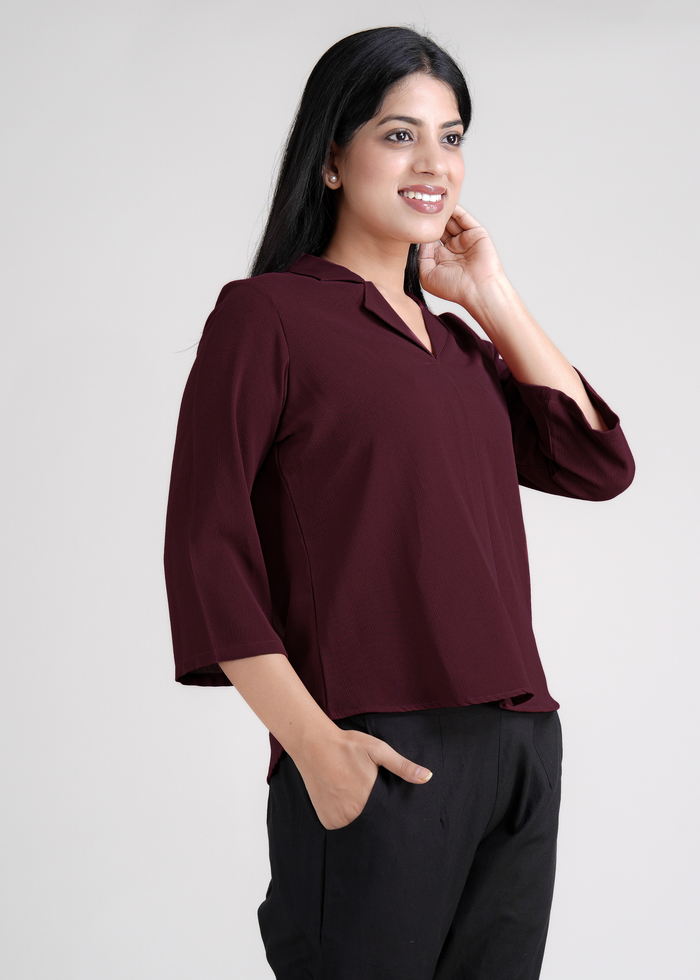 Women Textured Shirt Style Top – model wearing Burgundy, size M