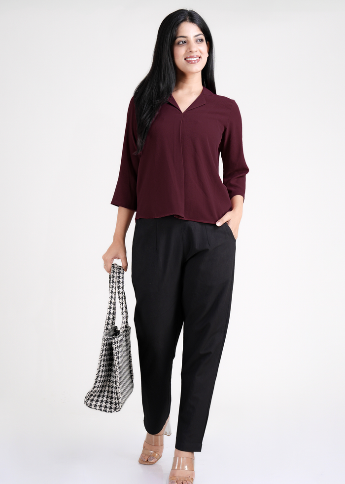 Flurr Burgundy Textured Top – styled for office & casual wear
