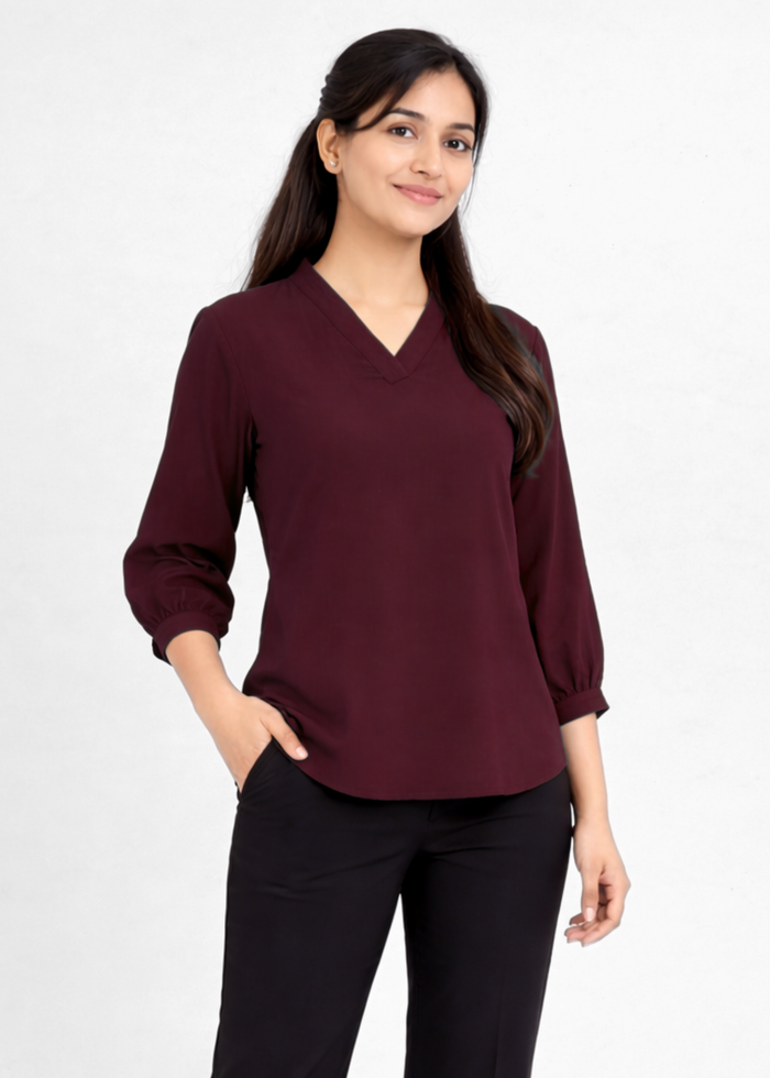 Flurr Women's Burgundy Textured V-Neck Office Wear Top