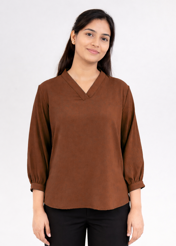Flurr Women's Rust Textured V-Neck Office Wear Top